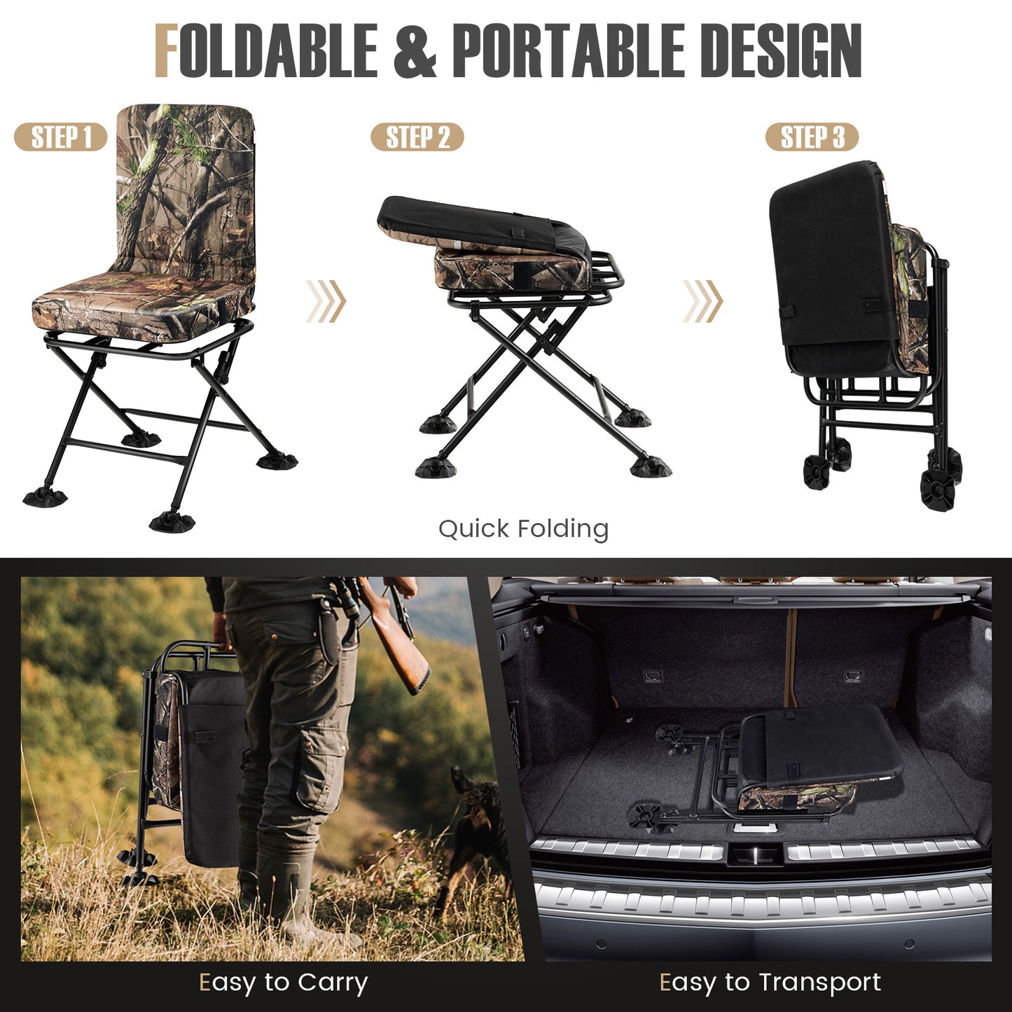 Swivel Folding Chair with Backrest and Padded Cushion, Camouflage Camping Furniture at Gallery Canada