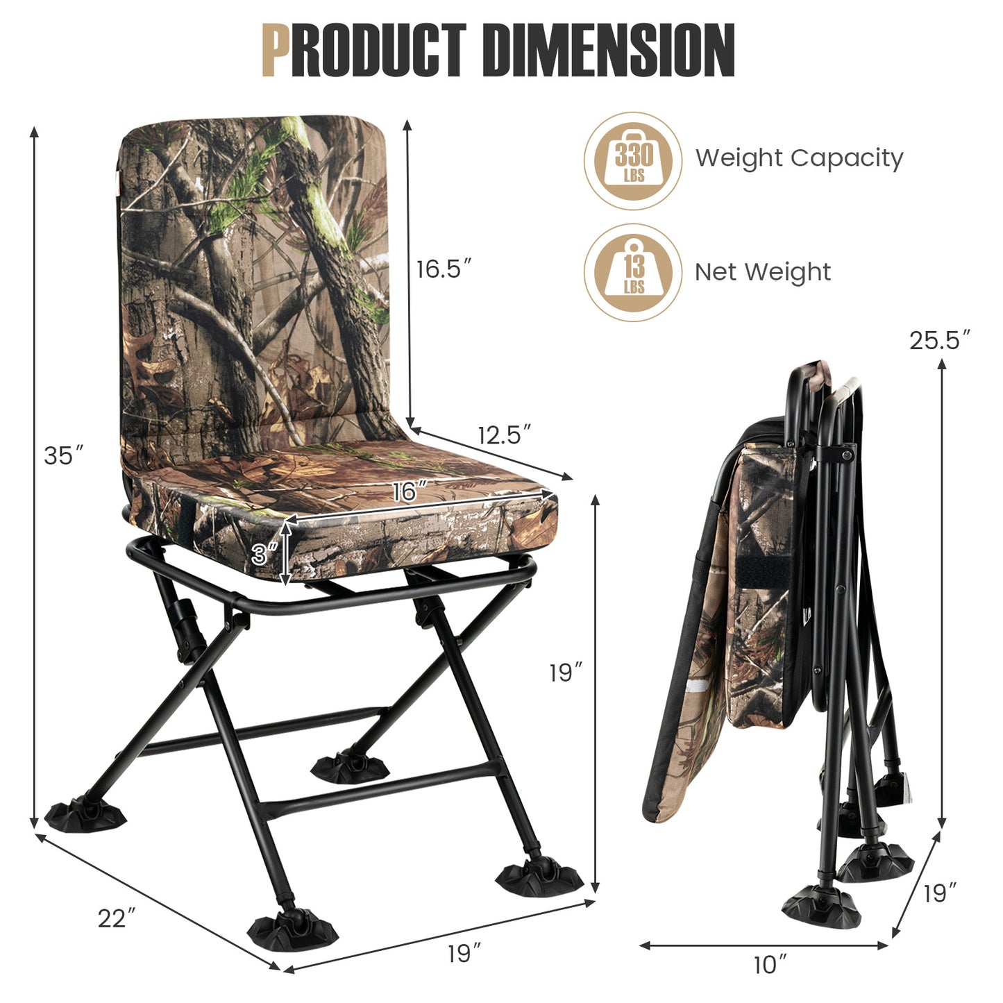 Swivel Folding Chair with Backrest and Padded Cushion, Camouflage Camping Furniture at Gallery Canada