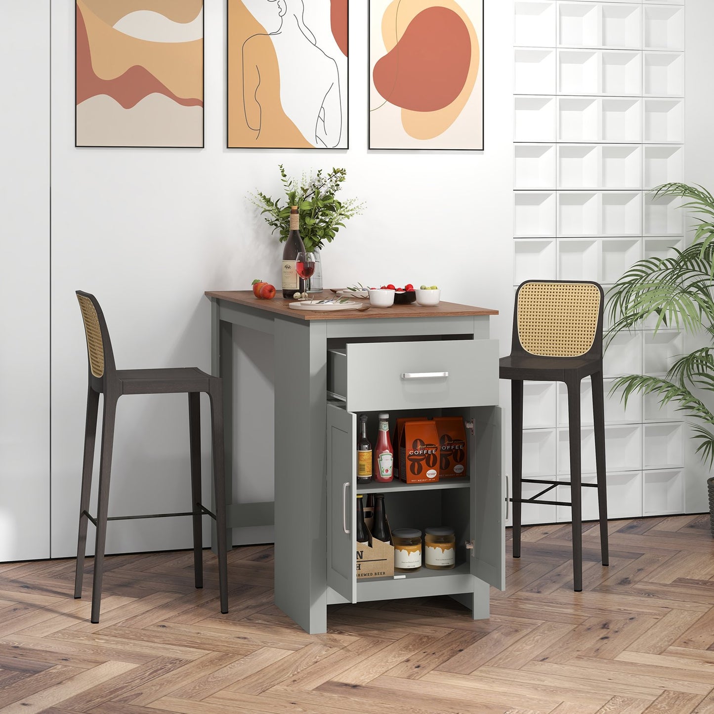 Counter Height Bar Table with Storage Cabinet and Drawer, Gray