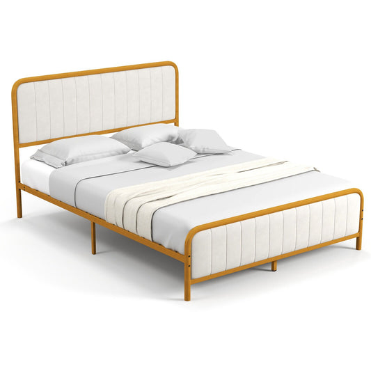 Upholstered Gold Platform Bed Frame with Velvet Headboard-Queen Size, Golden