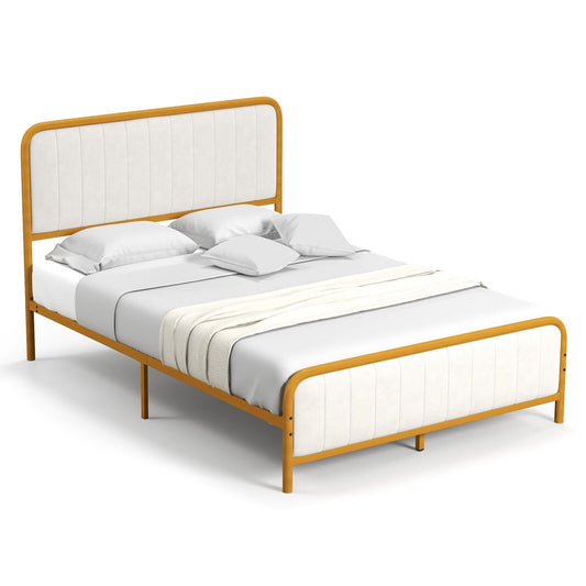 Upholstered Gold Platform Bed Frame with Velvet Headboard-Full Size, Golden