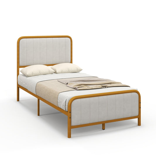 Upholstered Gold Platform Bed Frame with Velvet Headboard-Twin Size, Golden