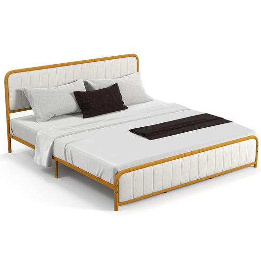Upholstered Gold Platform Bed Frame with Velvet Headboard-King Size, Golden
