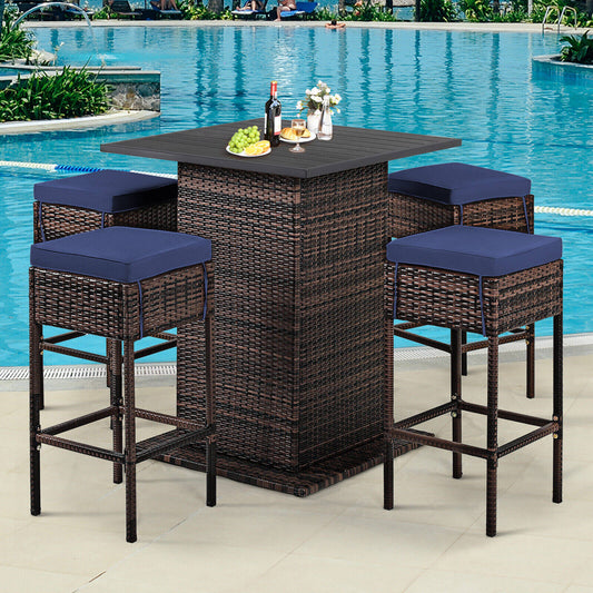 5 Pieces Patio Rattan Bar Table Stool Set Hidden Storage Shelf Cushioned, Navy Patio Bar Furniture Navy at Gallery Canada