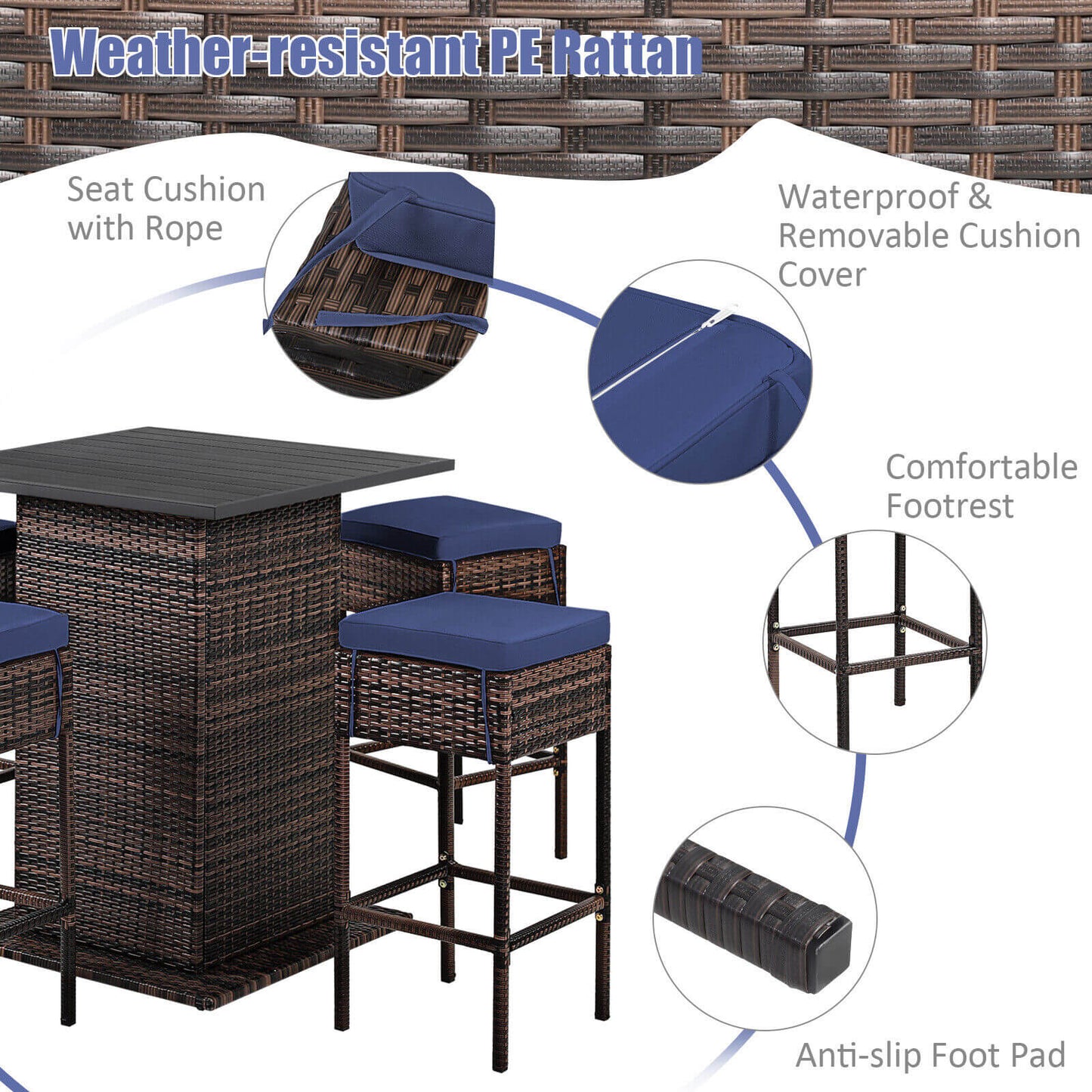 5 Pieces Patio Rattan Bar Table Stool Set Hidden Storage Shelf Cushioned, Navy Patio Bar Furniture at Gallery Canada