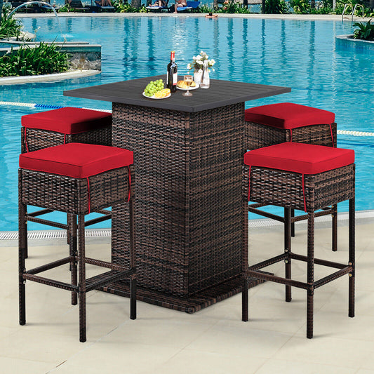 5 Piece Rattan Bar Table Stool Set, Hidden Storage Shelf, Cushioned, Red Patio Bar Furniture Red at Gallery Canada