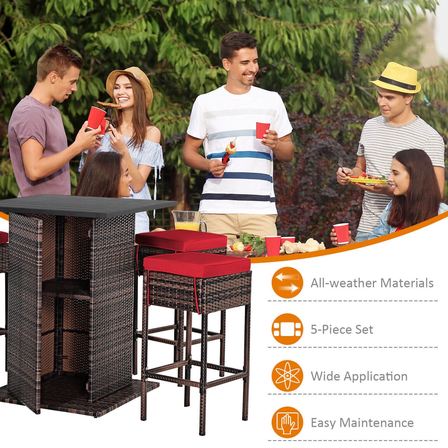 5 Piece Rattan Bar Table Stool Set, Hidden Storage Shelf, Cushioned, Red Patio Bar Furniture at Gallery Canada