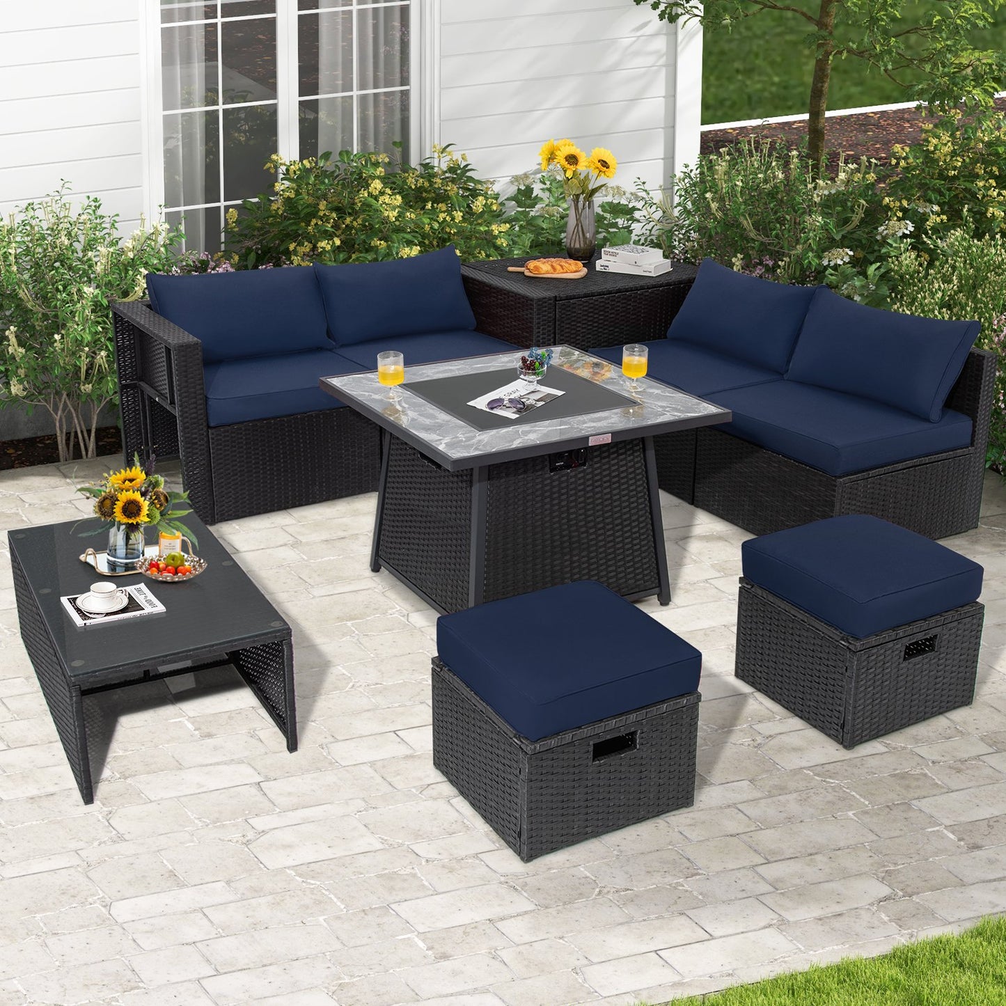 9 Pieces Outdoor Wicker Sectional with 35 Inch Gas Fire Pit Table, Navy at Gallery Canada