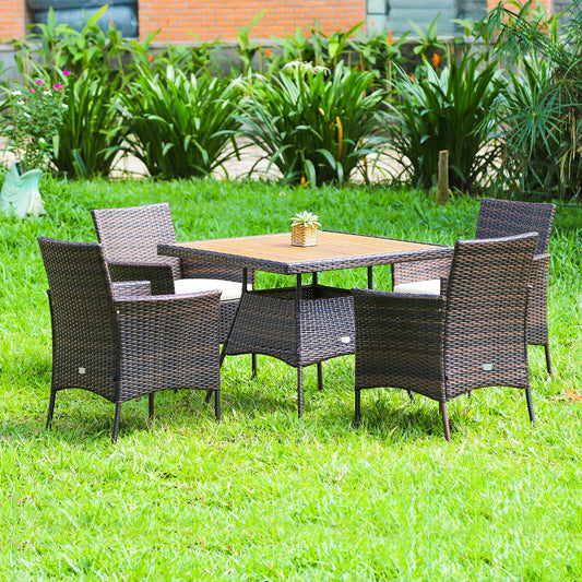 5 Pieces Patio Rattan Dining Furniture Set with Arm Chair and Wooden Table Top, Brown Patio Dining Sets Acacia Wood Tabletop at Gallery Canada