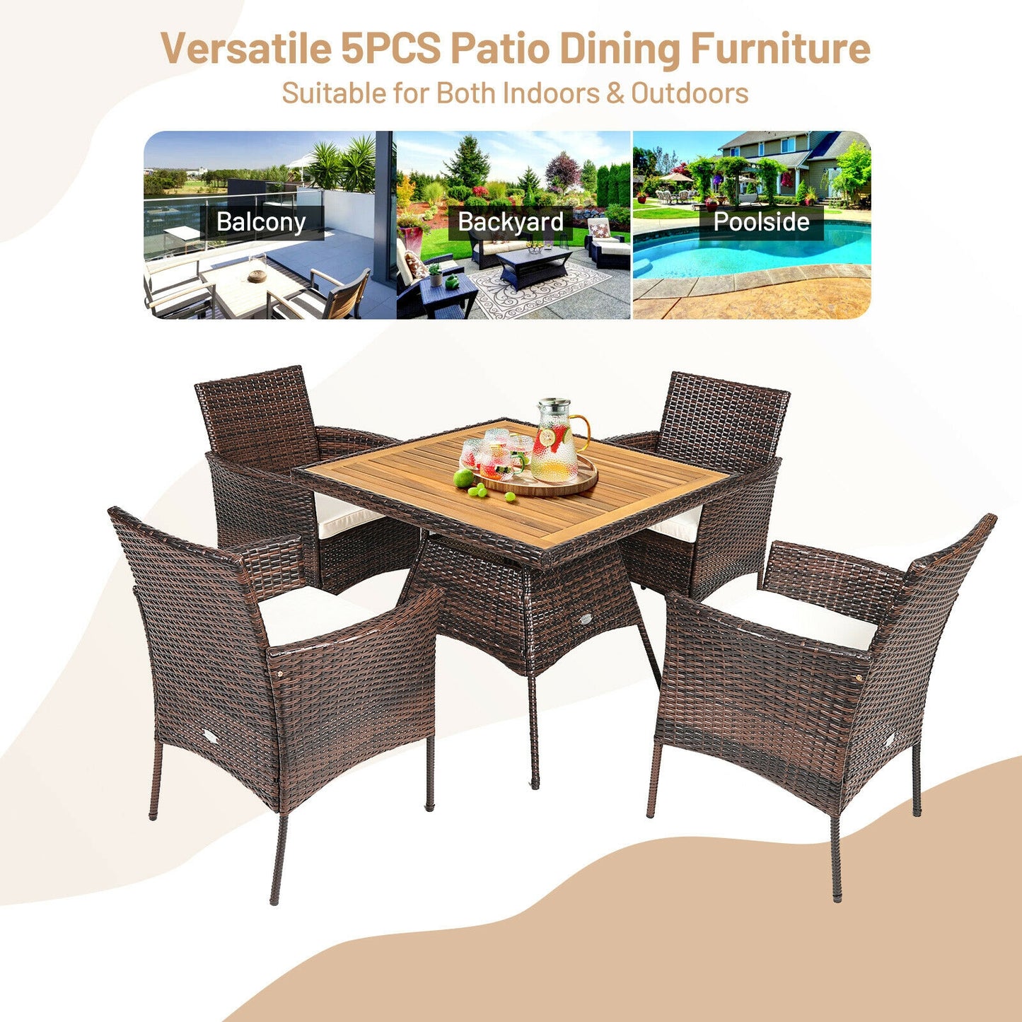 5 Pieces Patio Rattan Dining Furniture Set with Arm Chair and Wooden Table Top, Brown Patio Dining Sets at Gallery Canada