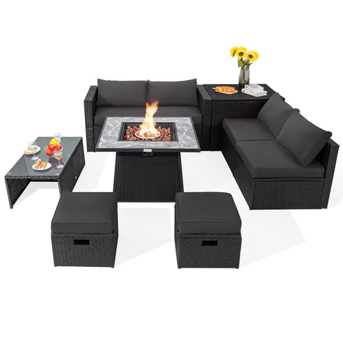 9 Pieces Outdoor Wicker Sectional with 35 Inch Gas Fire Pit Table, Gray