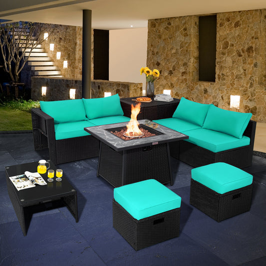 9 Piece Outdoor Wicker Sectional, 35 Inch Gas Fire Pit Table, Turquoise Outdoor Sectionals Turquoise at Gallery Canada