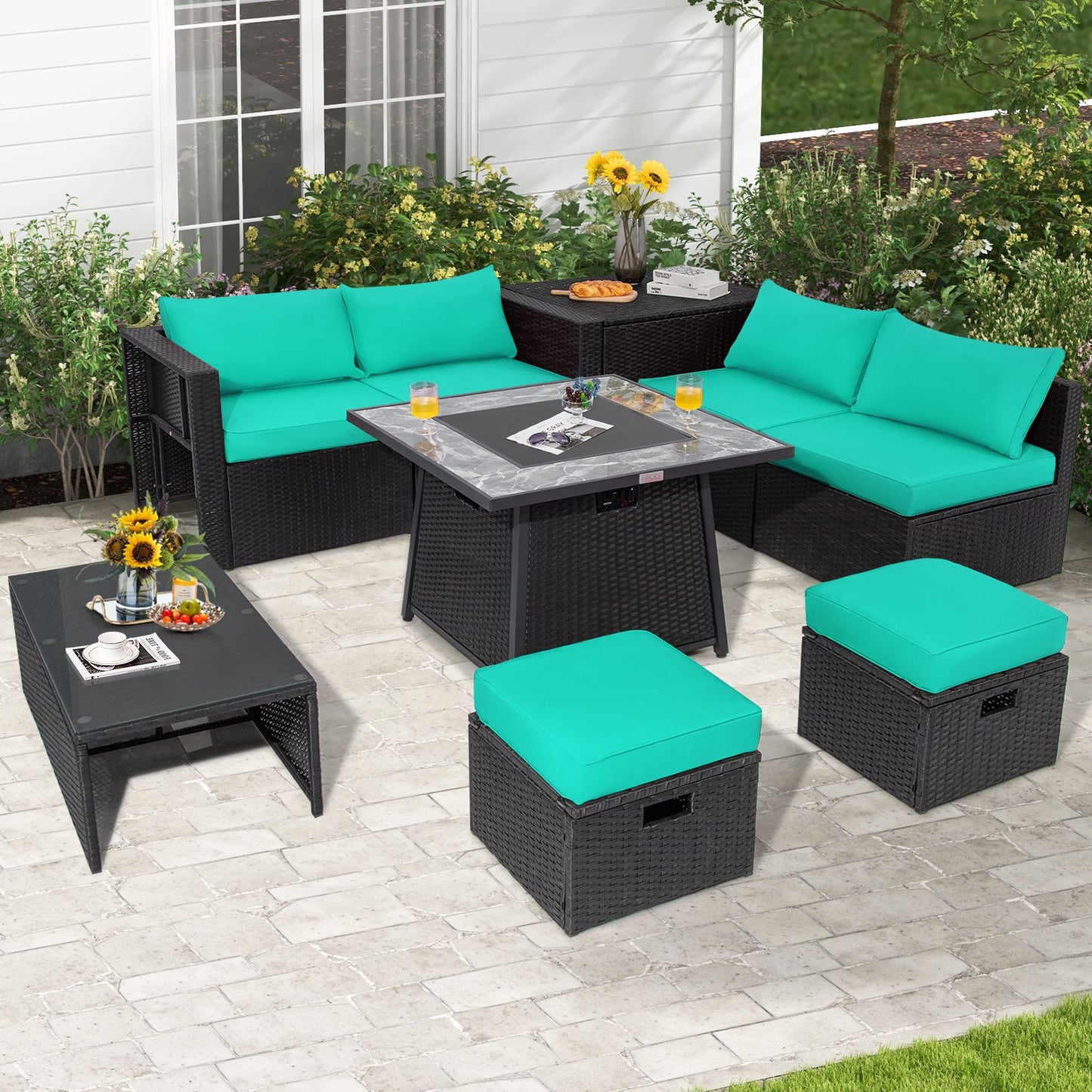 9 Pieces Outdoor Wicker Sectional with 35 Inch Gas Fire Pit Table, Turquoise at Gallery Canada