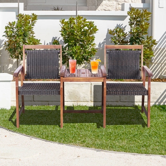 2-Seat Patio Rattan Acacia Wood Chair With Coffee Table, Brown Patio Conversation Sets Brown at Gallery Canada