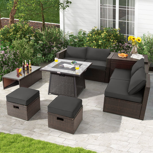 9-Piece Patio PE Wicker Sectional Set, 50000 BTU Fire Pit Table, Gray Outdoor Sectionals Gray at Gallery Canada