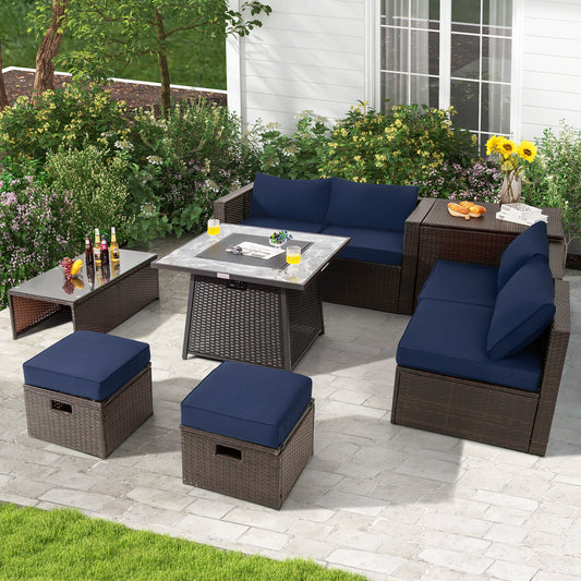 9-Piece Patio PE Wicker Sectional Set, 50000 BTU Fire Pit Table, Navy Outdoor Sectionals Navy at Gallery Canada