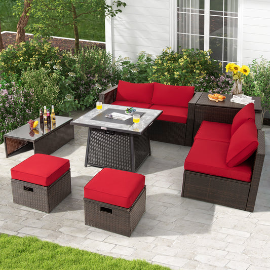 9-Piece Patio PE Wicker Sectional Set, 50000 BTU Fire Pit Table, Red Outdoor Sectionals Red at Gallery Canada