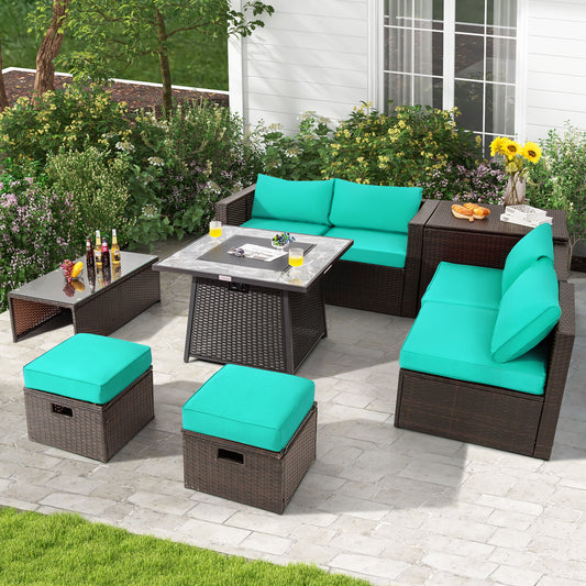 9-Piece Patio PE Wicker Sectional Set, 50000 BTU Fire Pit Table, Turquoise Outdoor Sectionals Turquoise at Gallery Canada