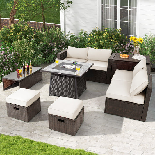 9 Piece Patio PE Wicker Sectional Set, 50000 BTU Fire Pit Table, Off White Outdoor Sectionals Off White at Gallery Canada
