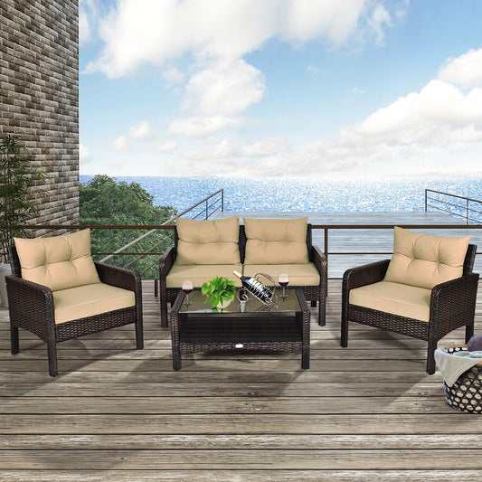 4 Pieces Patio Rattan Sofa Set With Cushion, Coffee Table, Beige Patio Furniture Sets Beige at Gallery Canada