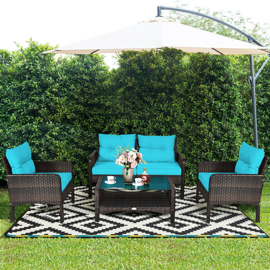 4 Pcs Outdoor Rattan Wicker Loveseat Furniture Set with Cushions, Turquoise Patio Furniture Sets Turquoise at Gallery Canada