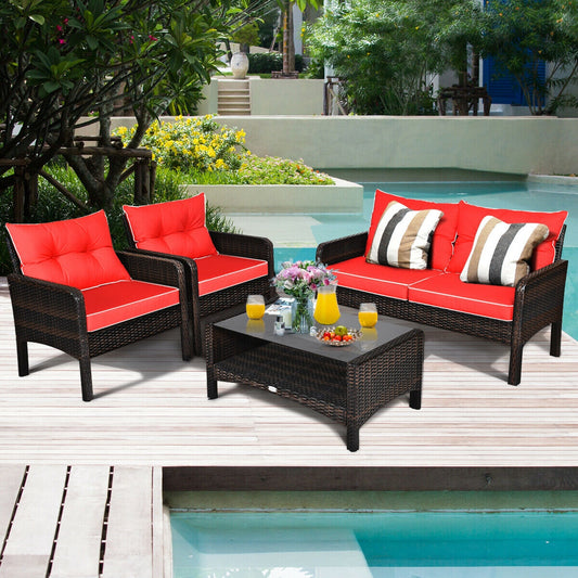 4 Pcs Outdoor Rattan Wicker Loveseat Furniture Set with Cushions, Red Patio Furniture Sets Red at Gallery Canada