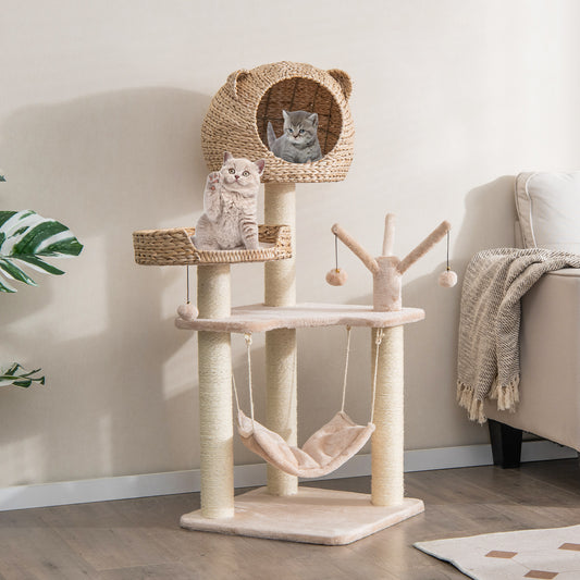 Multi-Level Cat Tree With Condo Hammock, Rotatable Hanging Balls, Natural Cat Trees Condos & Scratchers Natural at Gallery Canada