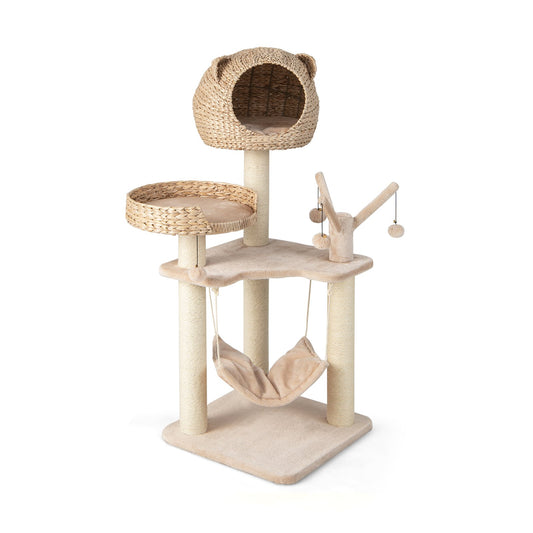 Multi-Level Cat Tree with Condo Hammock and Rotatable Hanging Balls, Natural