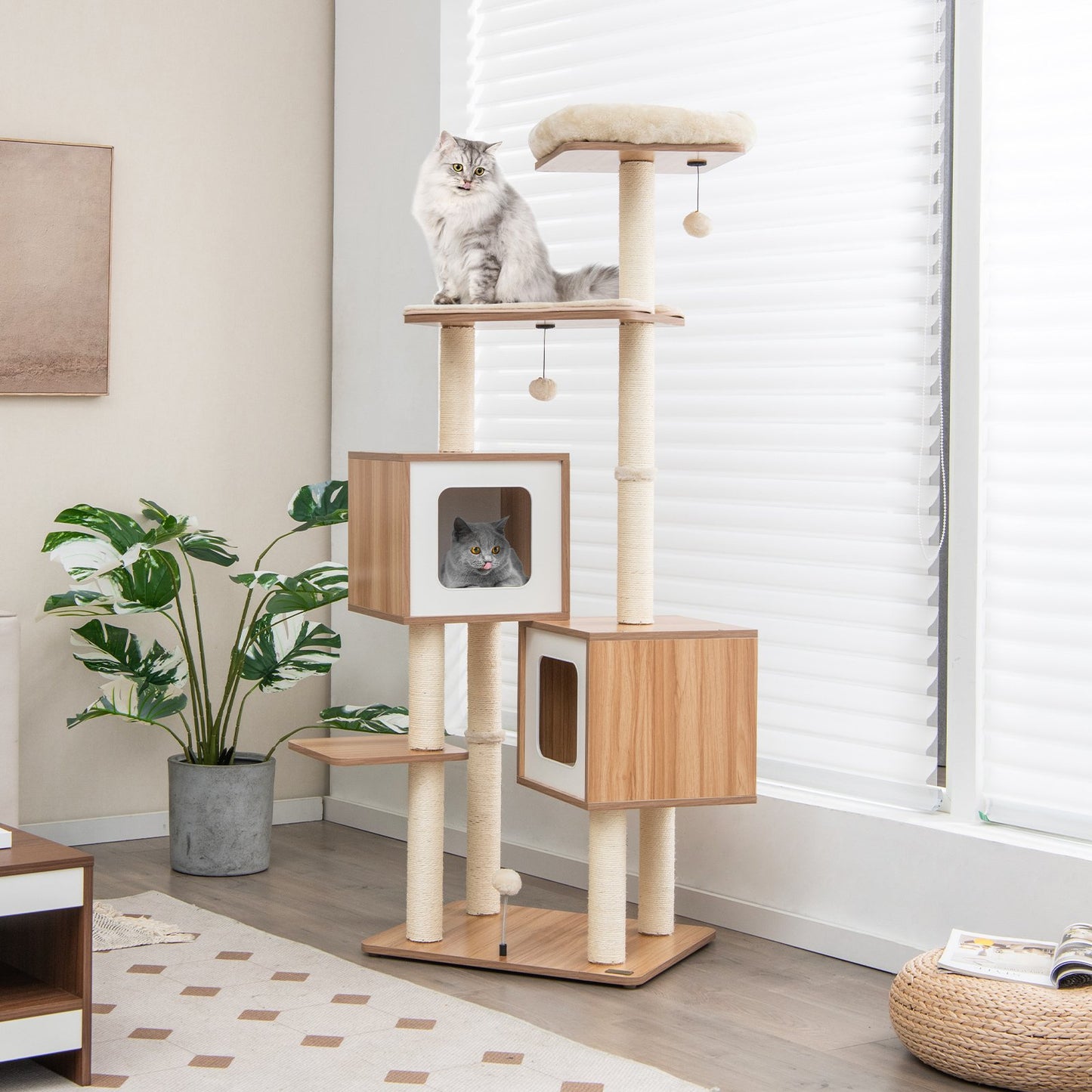 Modern Wooden Cat Tree with Perch Condos and Washable Cushions, Natural