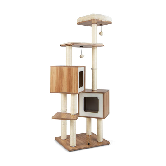 Modern Wooden Cat Tree with Perch Condos and Washable Cushions, Natural