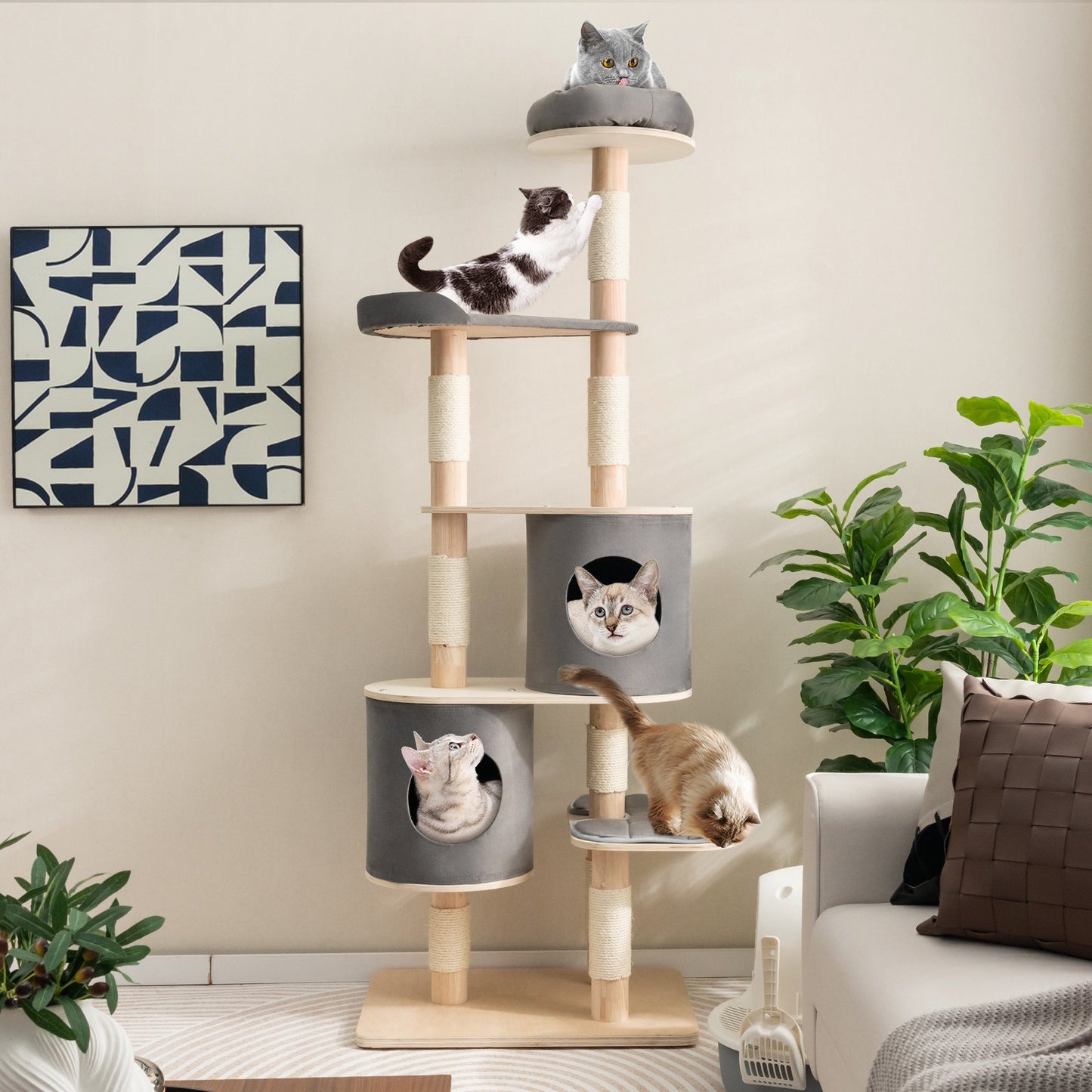 6-Tier Wooden Cat Tree with 2 Removeable Condos Platforms and Perch, Gray