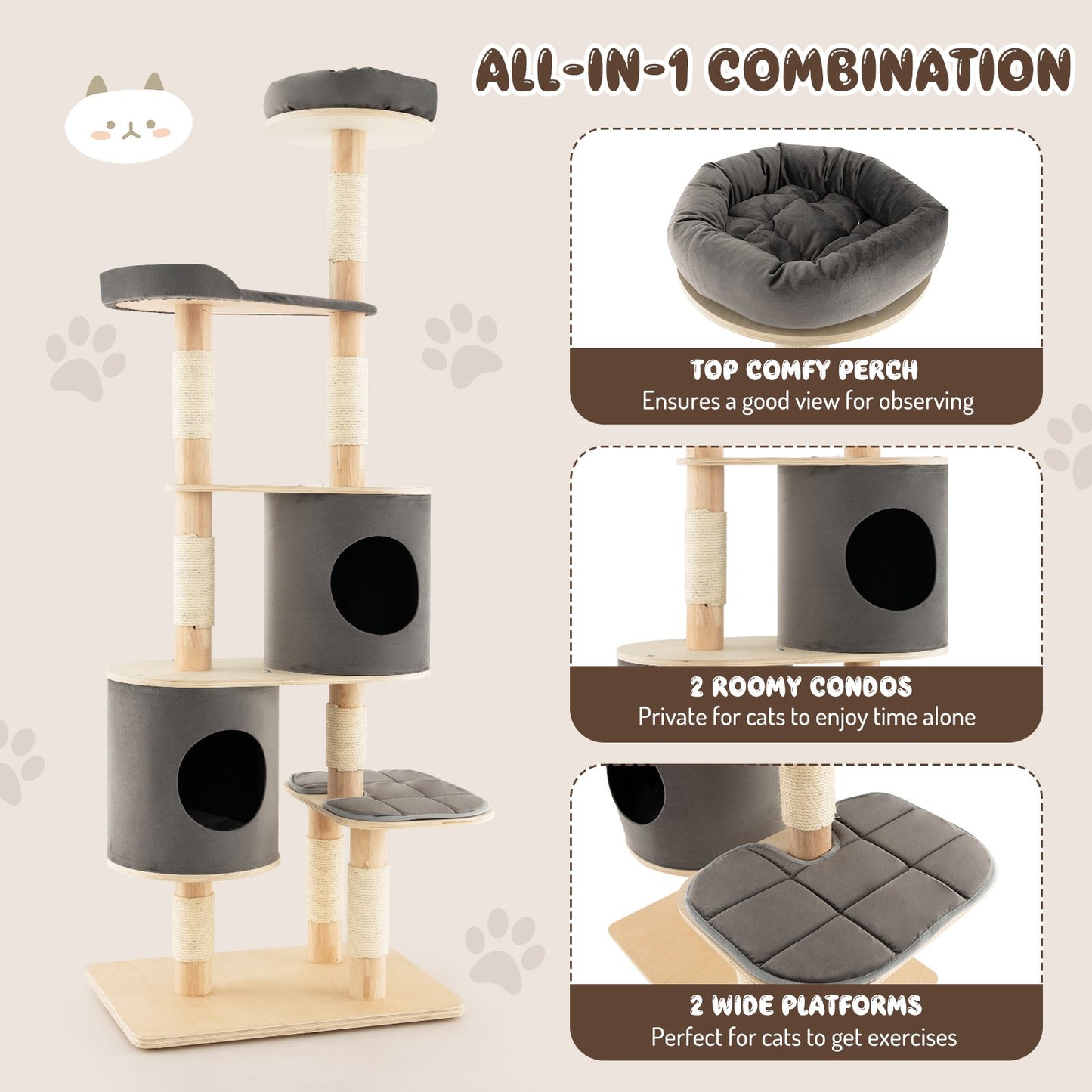 6-Tier Wooden Cat Tree with 2 Removeable Condos Platforms and Perch, Gray