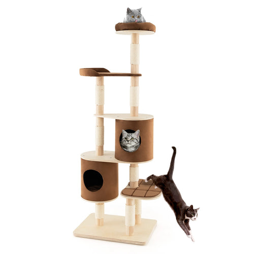 6-Tier Wooden Cat Tree with 2 Removeable Condos Platforms and Perch, Brown