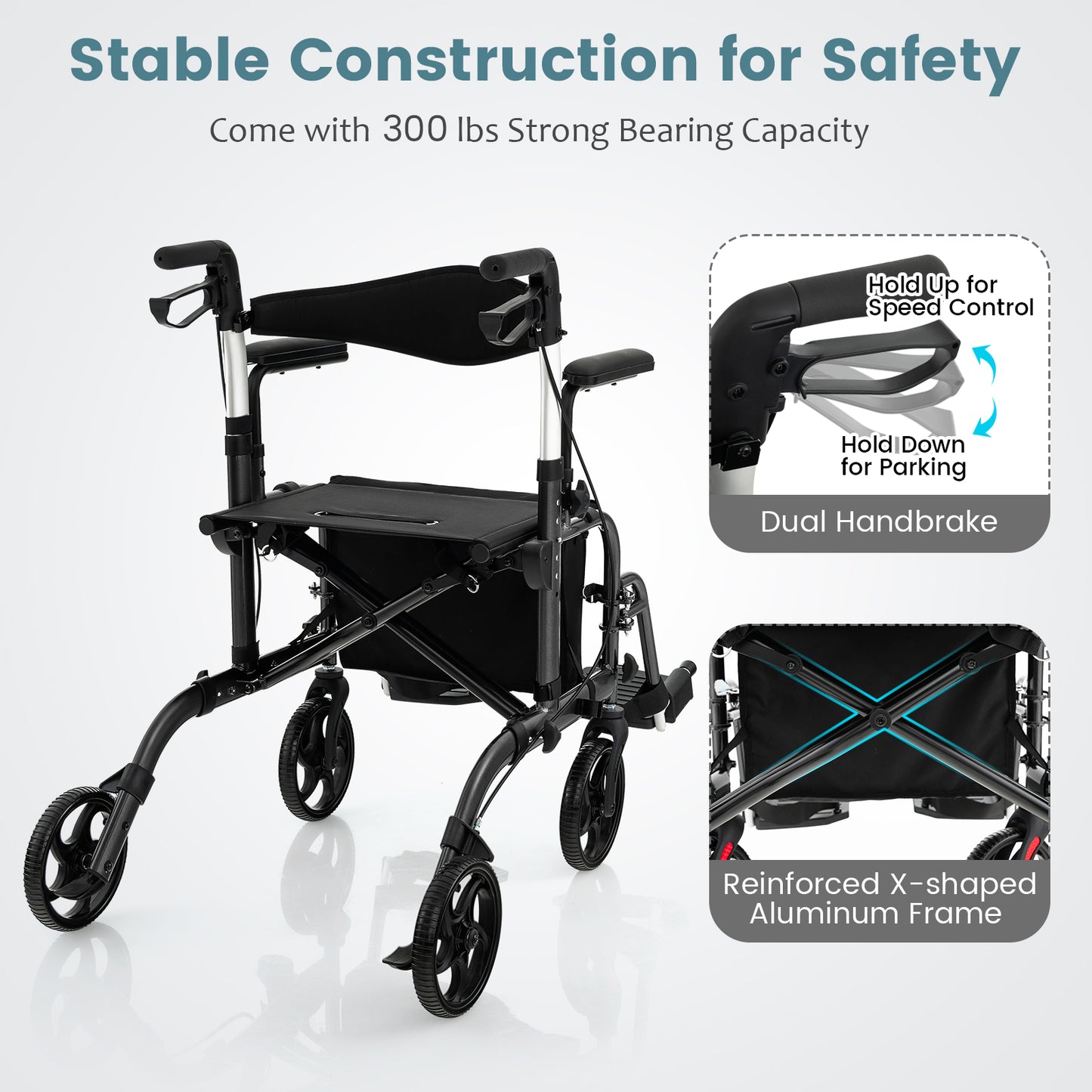 Folding Rollator Walker With Seat, Wheels, 300 Lbs, Black Walkers & Rollators at Gallery Canada