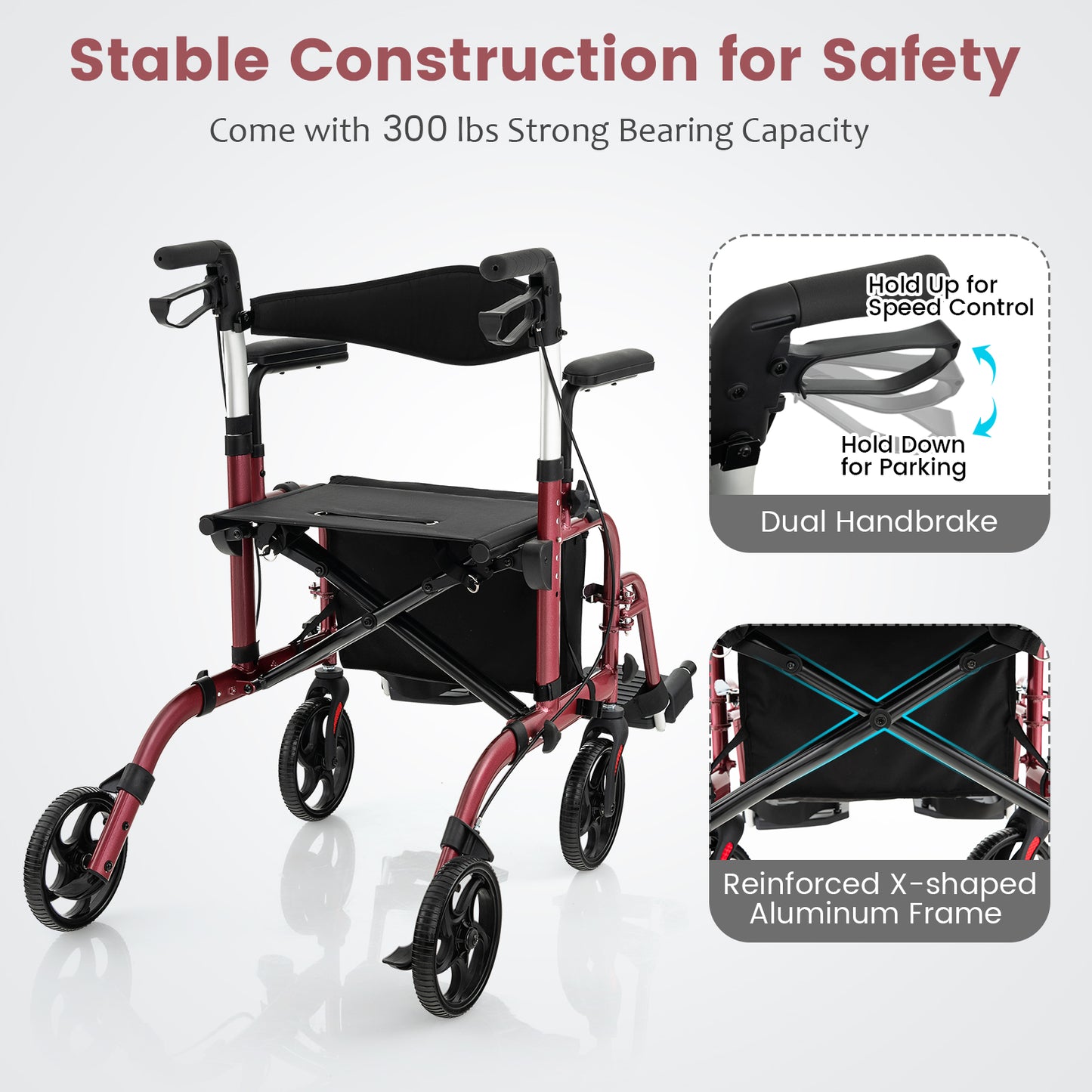 Folding Rollator Walker With Seat, Wheels, 300 Lbs, Red Walkers & Rollators at Gallery Canada