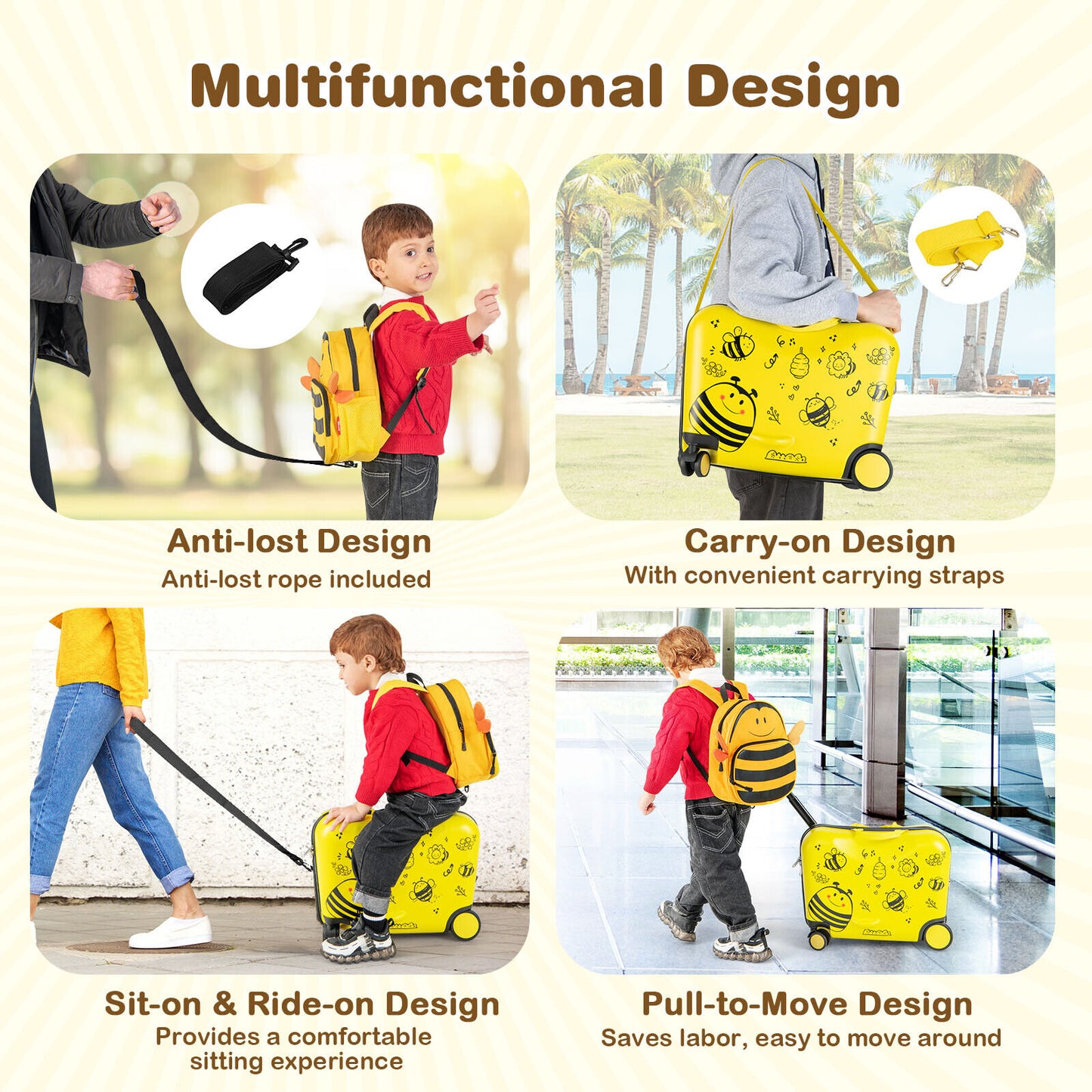 2 Pieces 18 Inch Ride-on Kids Luggage Set with Spinner Wheels and Bee Pattern, Yellow Kids Luggage at Gallery Canada