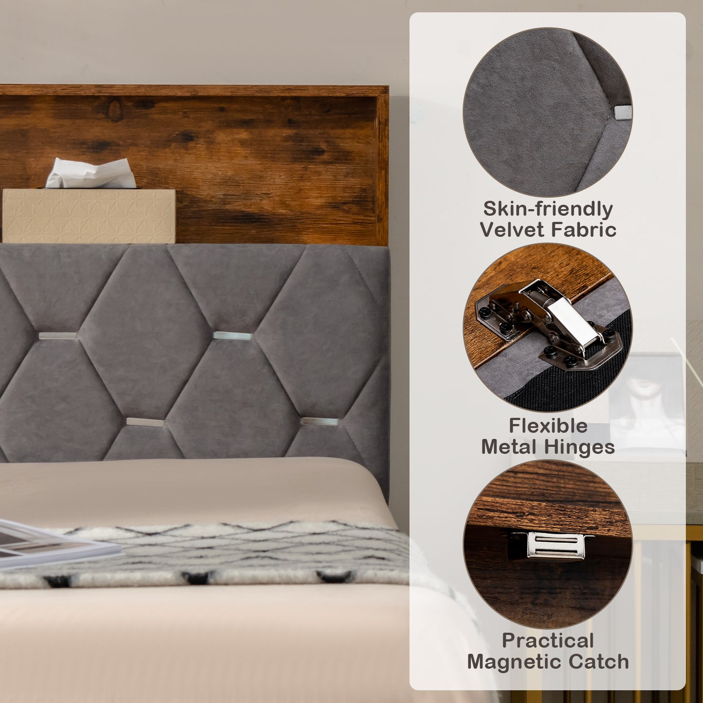 Full Queen Size Upholstered Bed Frame, Storage Headboard, Gray Simple Bed Frame at Gallery Canada