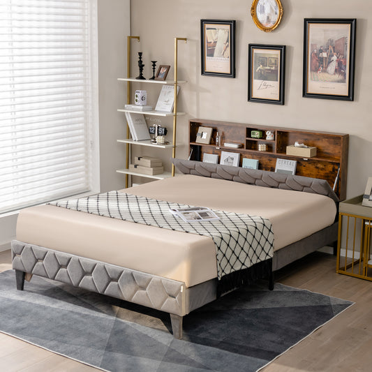Queen Size Upholstered Bed Frame With Storage Headboard, Gray Simple Bed Frame Gray at Gallery Canada