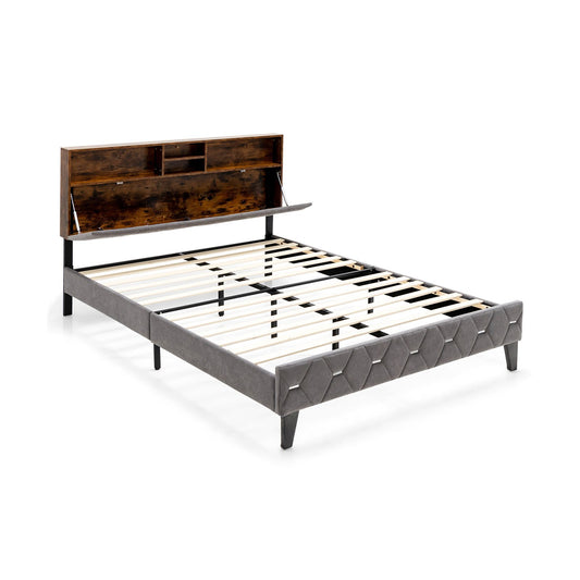 Full/Queen Size Upholstered Bed Frame with Storage Headboard-Queen Size, Gray
