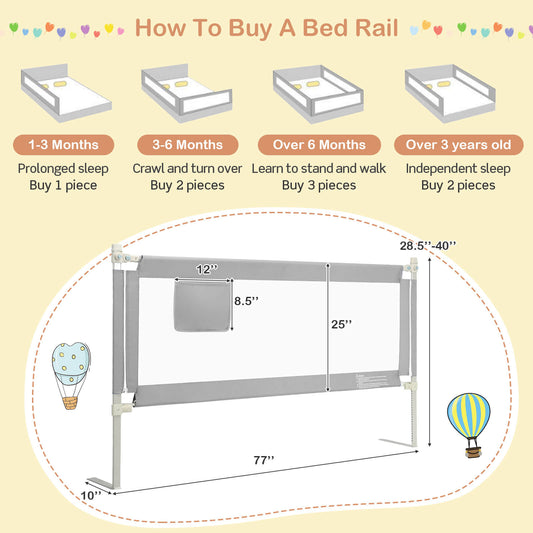 76.8 Inch Baby Bed Rail, Double Safety Child Lock, Gray Bed Rails Gray at Gallery Canada