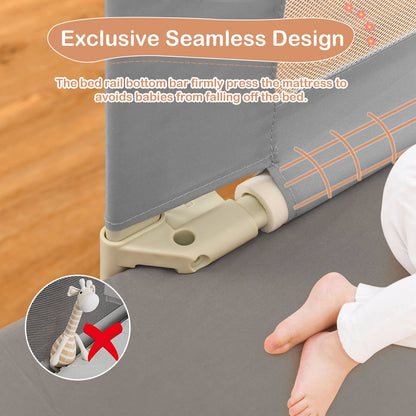 76.8 Inch Baby Bed Rail with Double Safety Child Lock, Gray