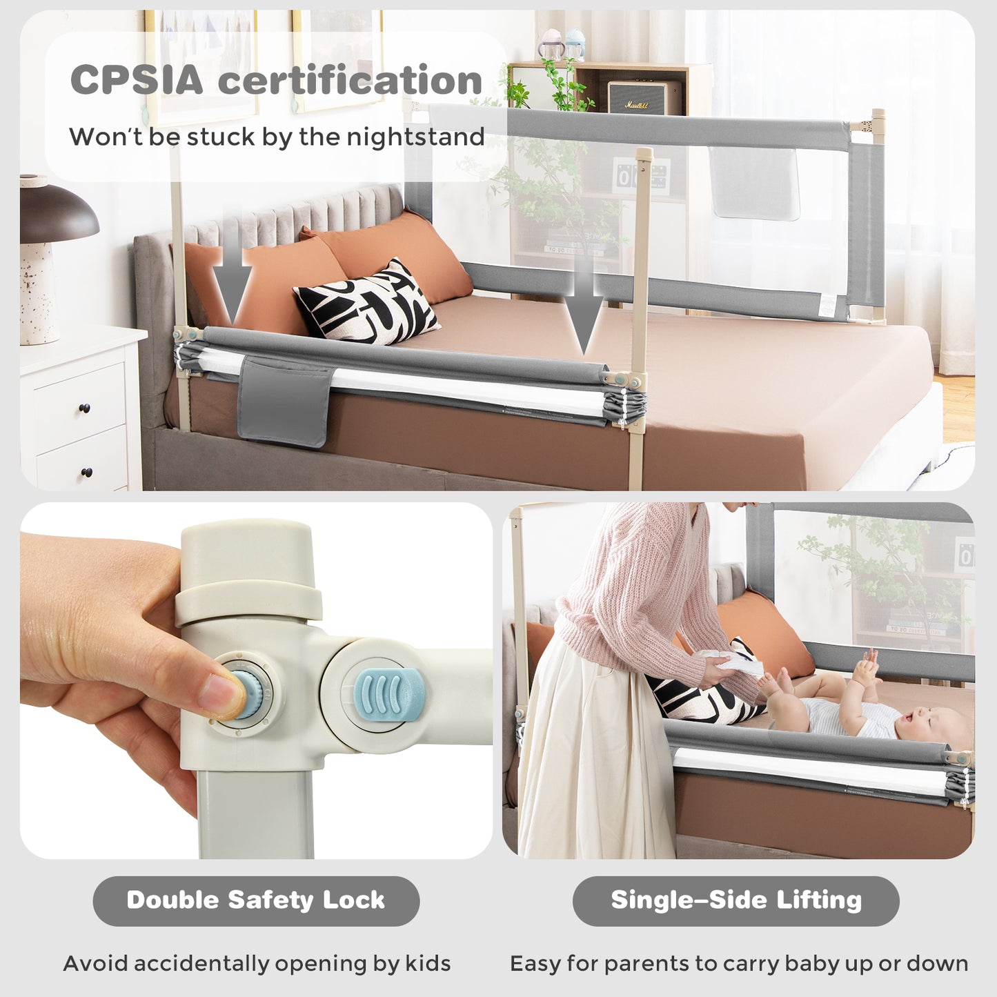 57 Inch Toddlers Vertical Lifting Baby Bed Rail Guard with Lock, Gray Bed Rails at Gallery Canada