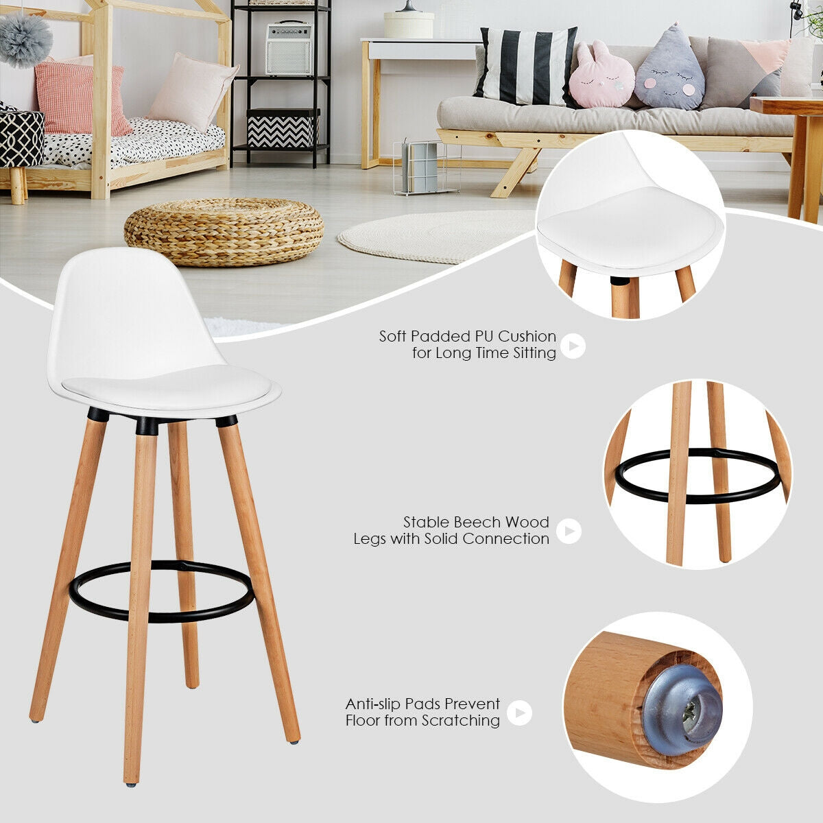 Mid Century Barstool, 28.5 Inches, Dining Pub Chair, White Bar Stools at Gallery Canada