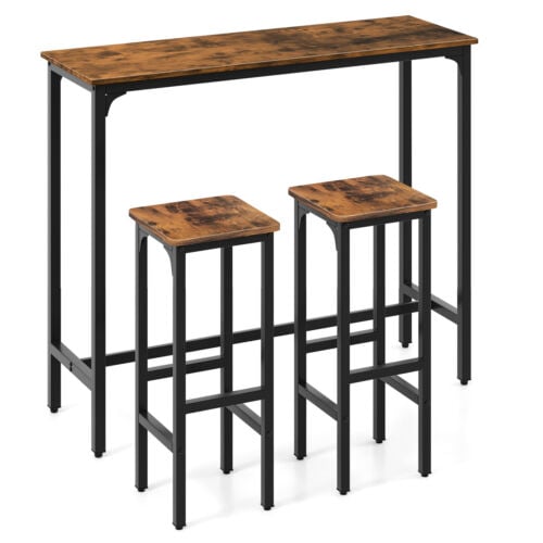 3 Pieces Industrial Bar Table and Chairs Set with Metal Frame, Rustic Brown