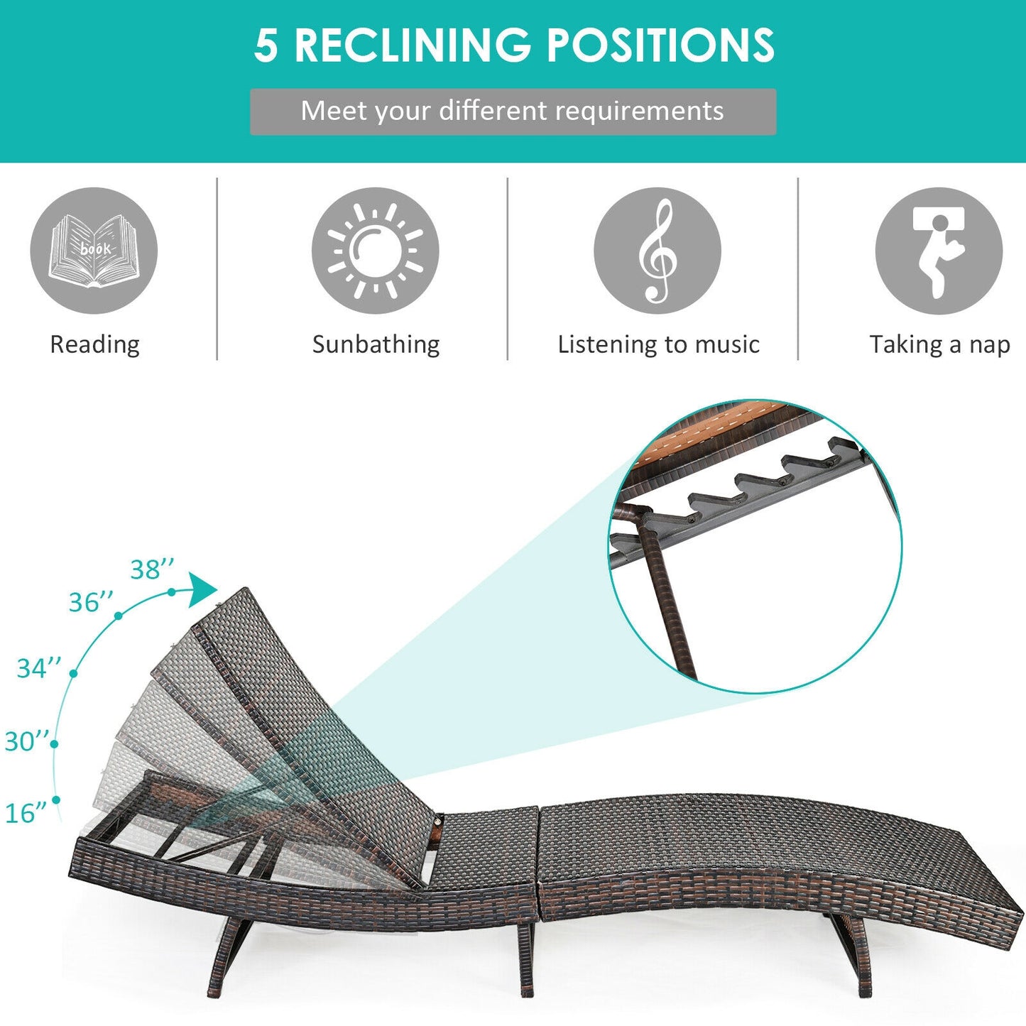 Patio Folding Adjustable Rattan Chaise Lounge Chair with Cushion, Turquoise Outdoor Chaise Lounges at Gallery Canada