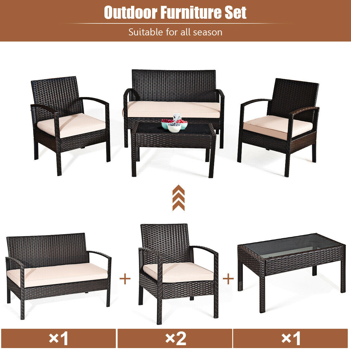 4 Piece Patio Rattan Conversation Set, Loveseat Sofa, Coffee Table, Multicolor Patio Conversation Sets at Gallery Canada