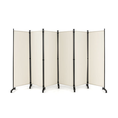 6 Panel 5.7 Feet Tall Rolling Room Divider on Wheels, White