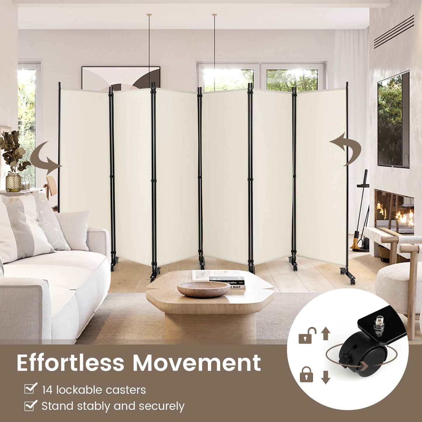 6 Panel 5.7 Feet Tall Rolling Room Divider on Wheels, White