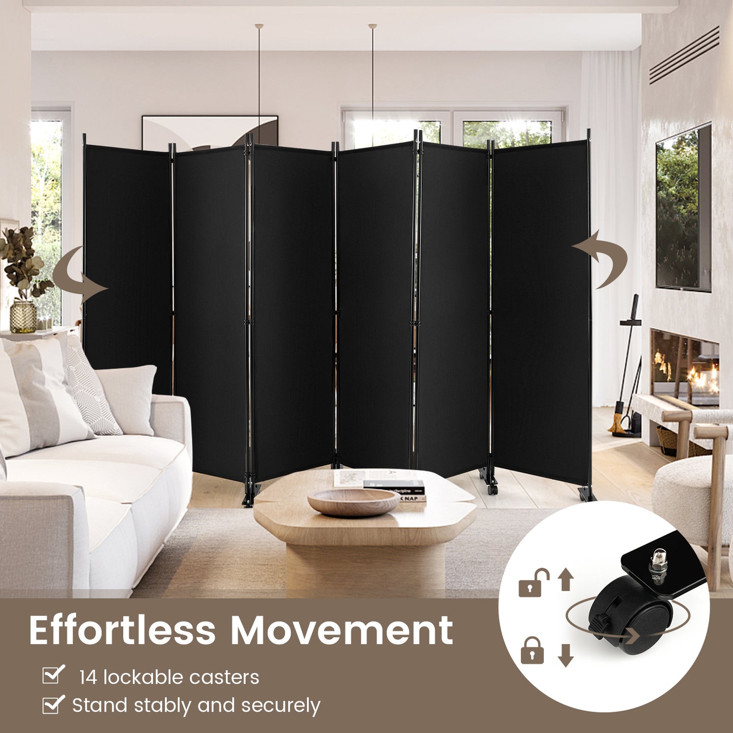 6 Panel 5.7 Feet Tall Rolling Room Divider on Wheels, Black Room Dividers at Gallery Canada
