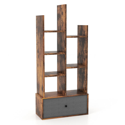 7-Tier Open-Back Bookshelf with Drawer, Rustic Brown